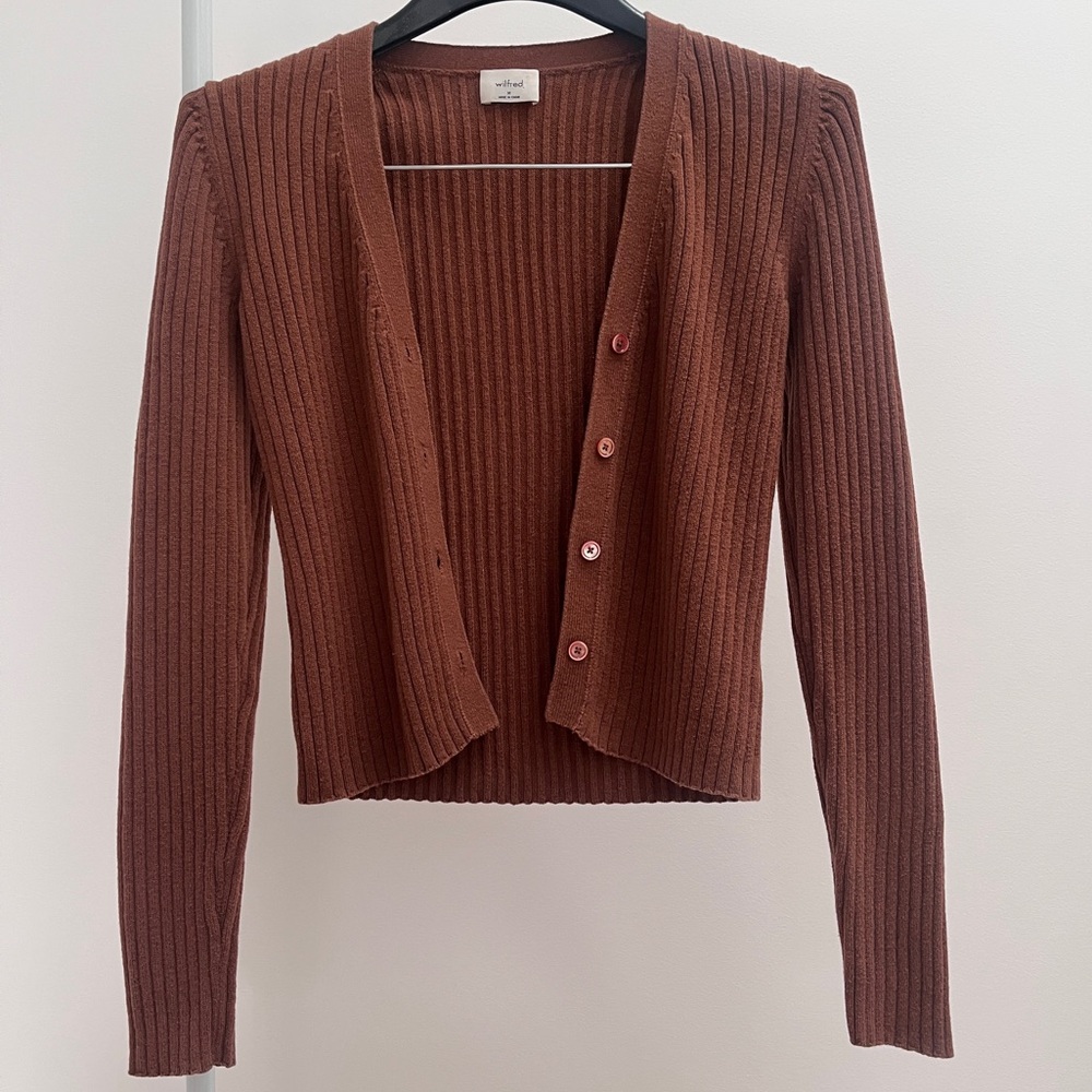 Aritzia Wilfred Manila cardigan M brown wool cotton ribbed button front sweater